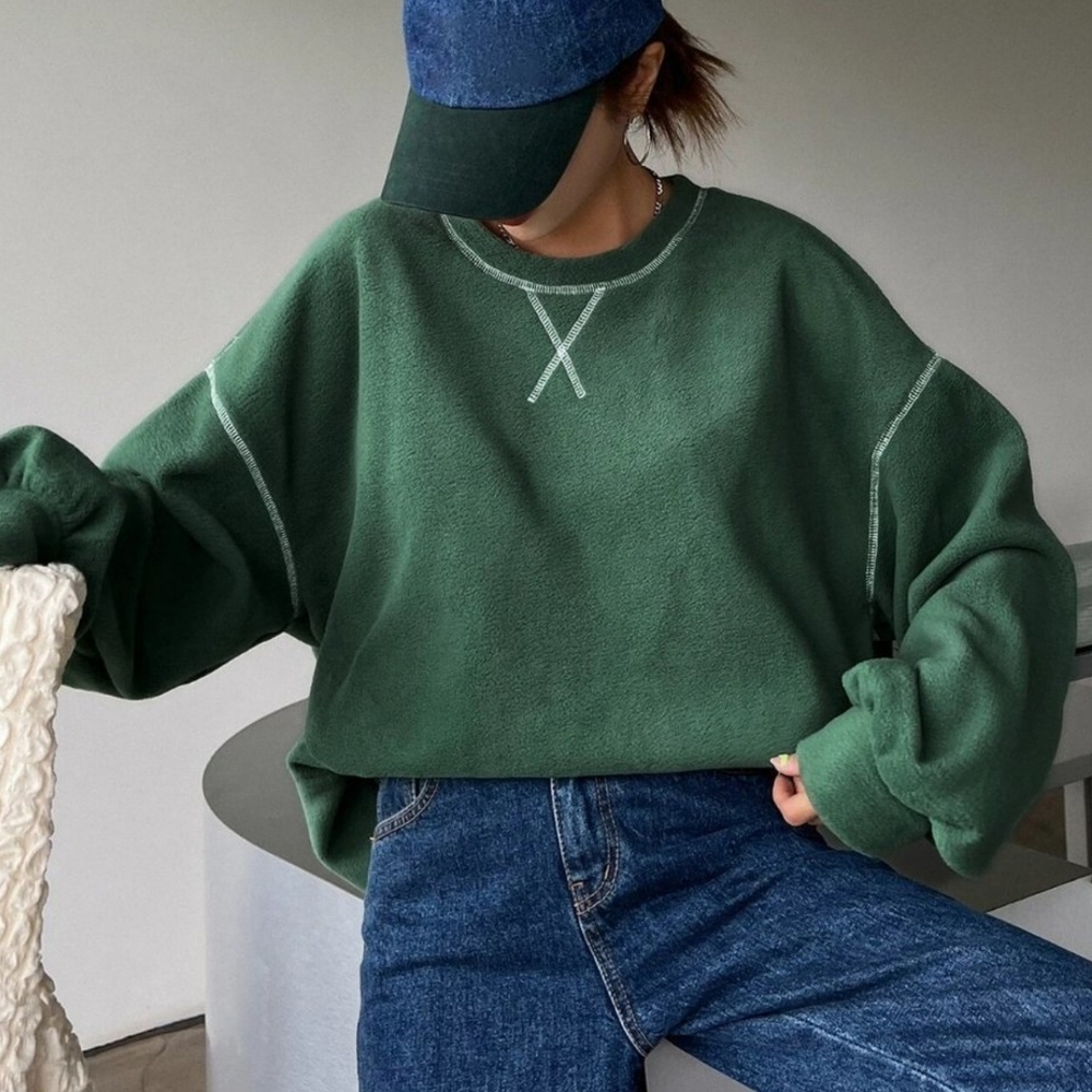 Green Casual Womens Slogan Graphic Drop Shoulder Fleece Oversized Sweatshirt - Picture 2 of 5